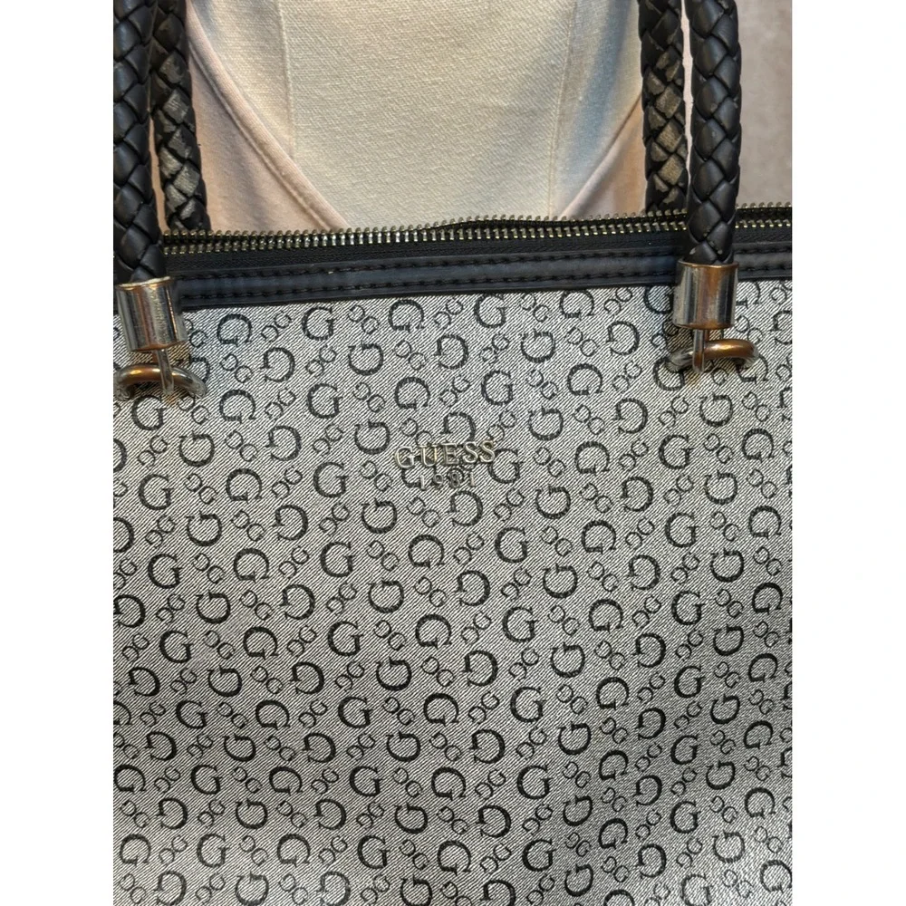 Guess Monogram Satchel Bag Grey Black Logo Print Braided Handle Purse‎